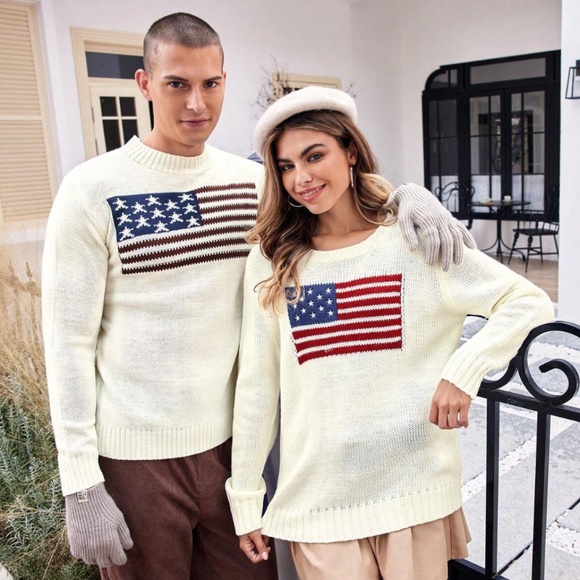 American Flag Knit Off White Pullover Sweater Crew Neck Long Sleeve - Picture 13 of 16